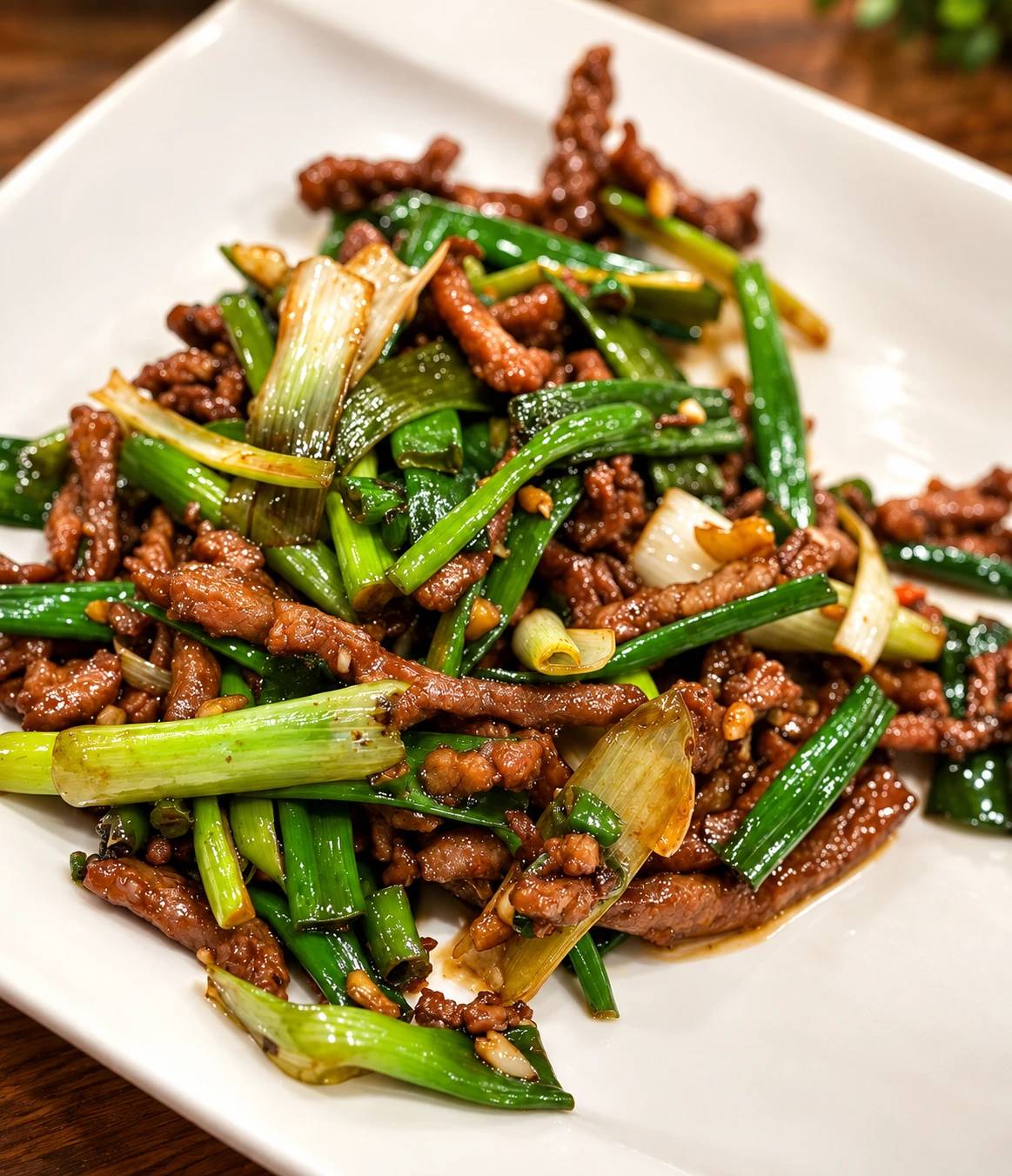 Shredded beef stir-fried with scallions on a white plate.