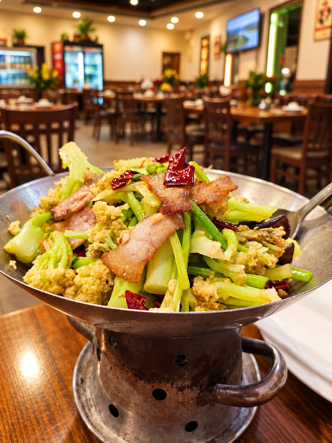 Dry-pot cauliflower with sliced pork belly and dried chilies, served over a small burner.