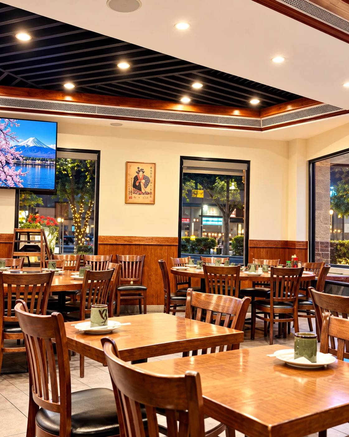 Tables by the windows under the slatted ceiling, with a wall television and a framed print.