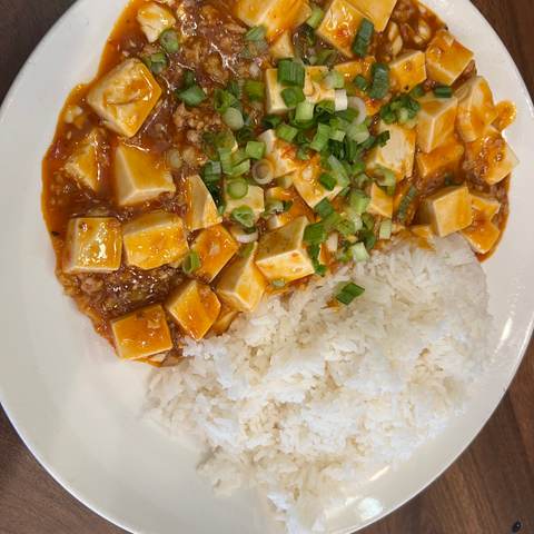 Ma Po Tofu Over Rice, photographed