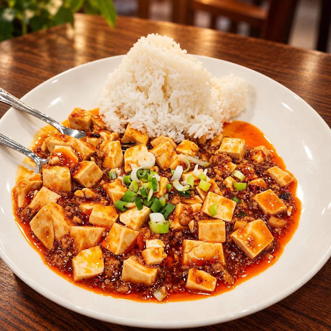 Tofu in a red chili sauce with minced pork and scallions, served with white rice.