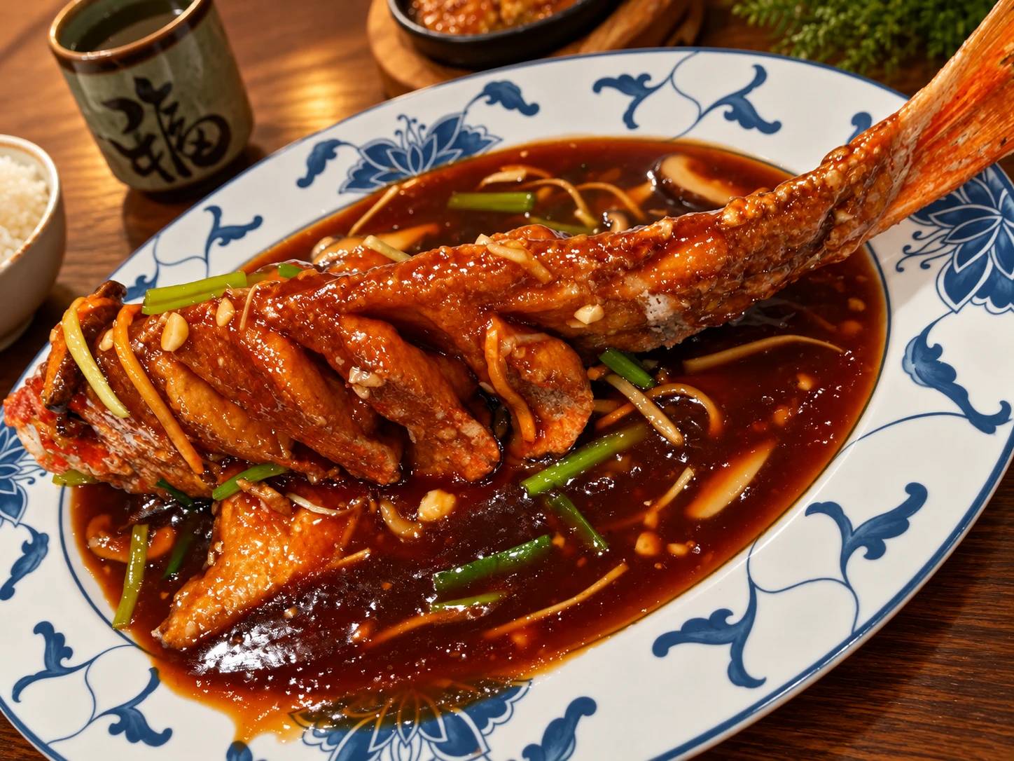 Whole fish in a dark glossy sauce with ginger and scallion on a blue-and-white platter.