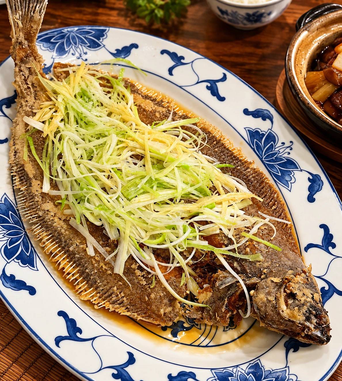 Whole fried flatfish topped with shredded scallion on a blue-and-white platter.